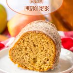 slice of apple cider donut bundt on a stack of three small plates.