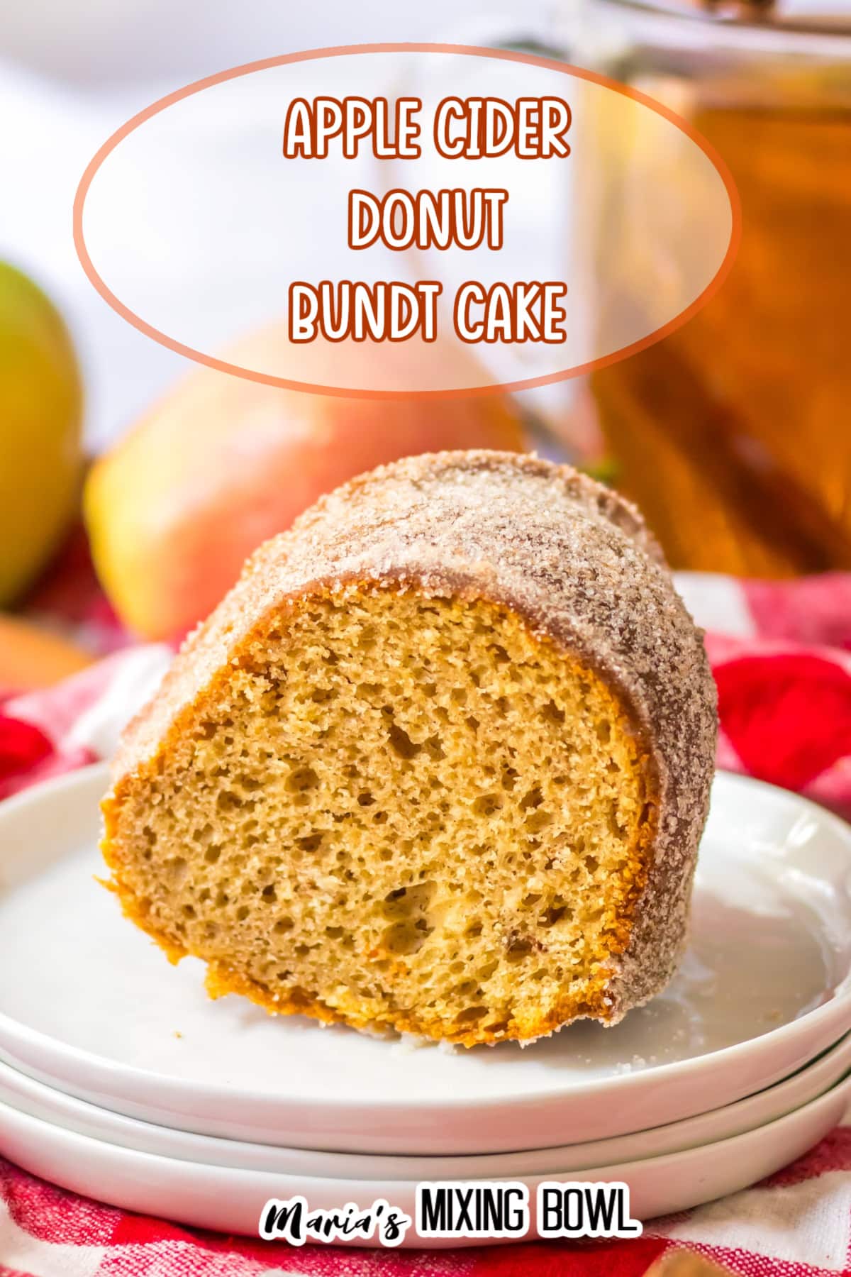 slice of apple cider donut bundt on a stack of three small plates.