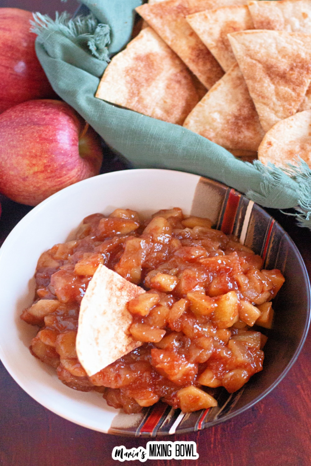 bowl of apple salsa and a basket of cinnamon sugar tortilla chips.