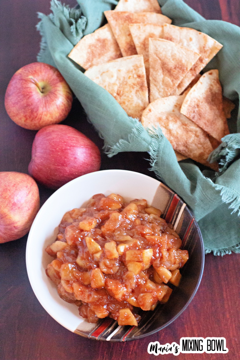 bowl of apple salsa and a basket of cinnamon sugar tortilla chips.