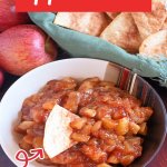 bowl of apple salsa and a basket of cinnamon sugar tortilla chips.