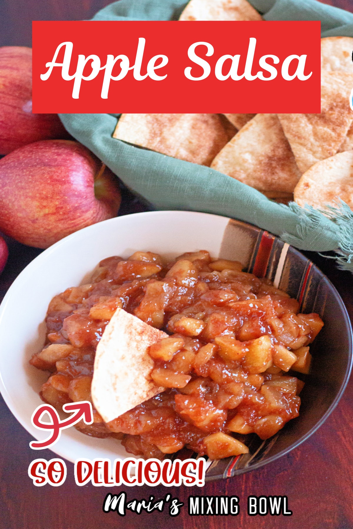 bowl of apple salsa and a basket of cinnamon sugar tortilla chips.