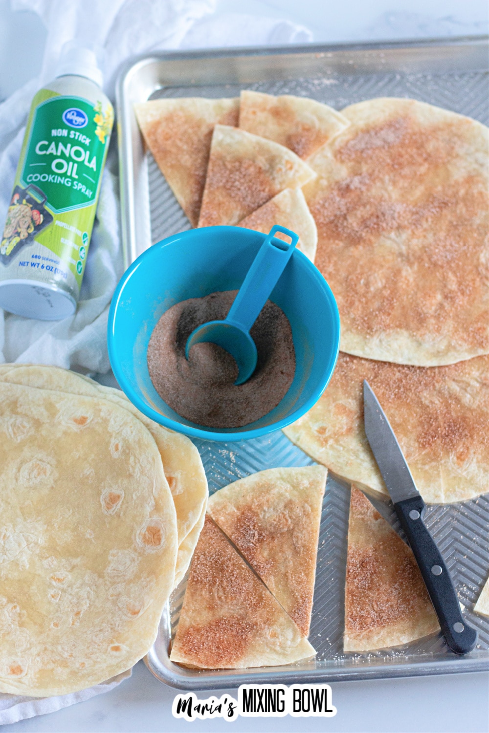 tortillas cut into triangles and coasted in cinnamon sugar.