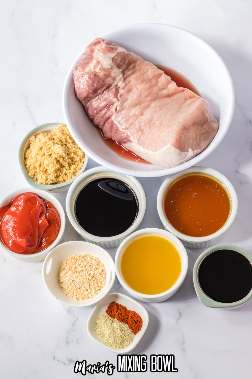 bowls of pork loin, ketchup, brown sugar, honey, chicken broth, balsamic vinegar, low sodium soy sauce.