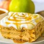slice of caramel apple icebox cake on a white plate.