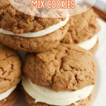 carrot cake mix sandwich cookies stacked on a white plate.