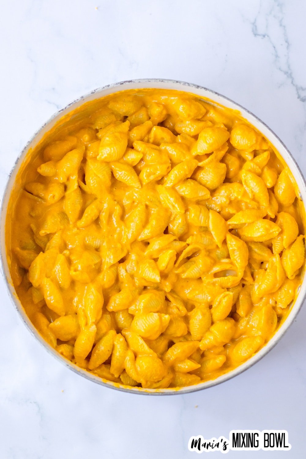 finished creamy pumpkin mac and cheese in a large pot.
