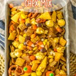 metal serving tray filled with fall chex mix..