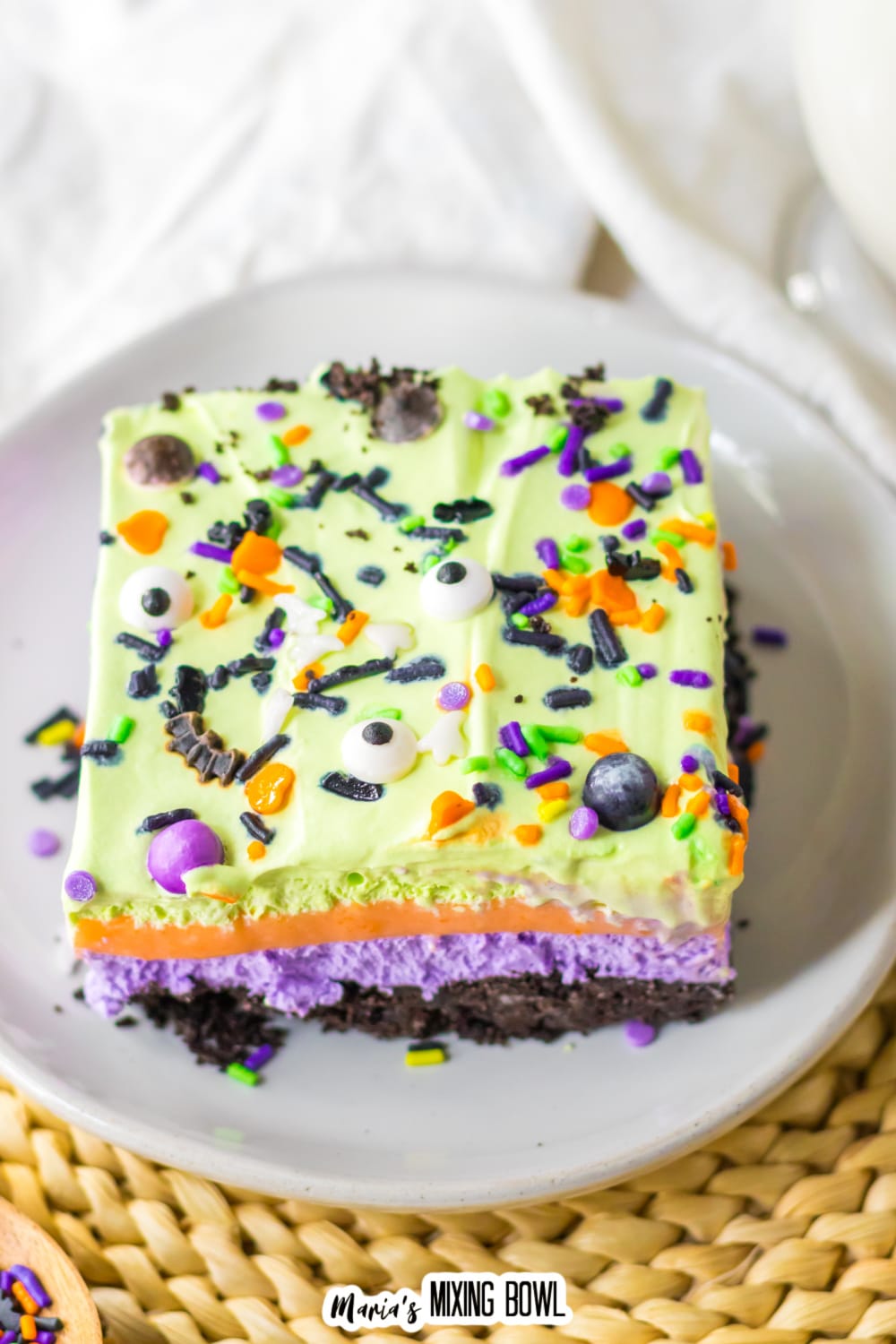 slice of halloween lush on a white plate.