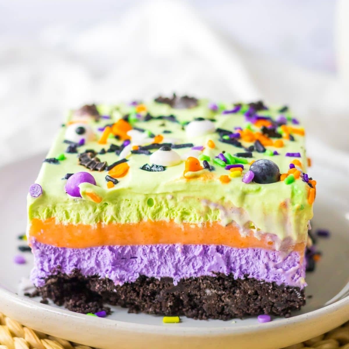 slice of halloween lush on a white plate.