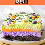 slice of halloween lush on a white plate.