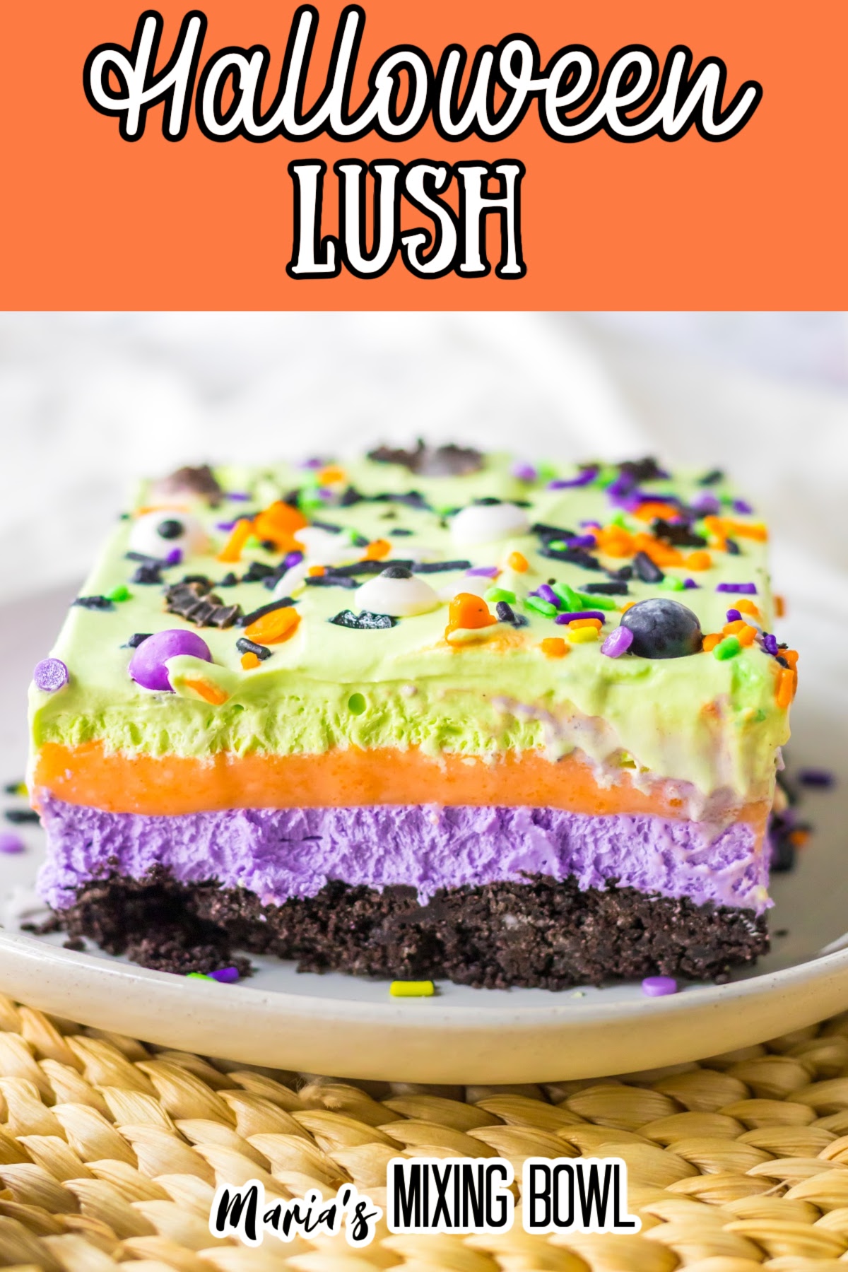 slice of halloween lush on a white plate.