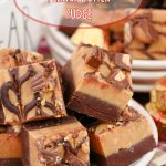 reese's peanut butter cup fudge staked on a white plate.