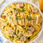 large bowl full of cajun chicken alfredo.