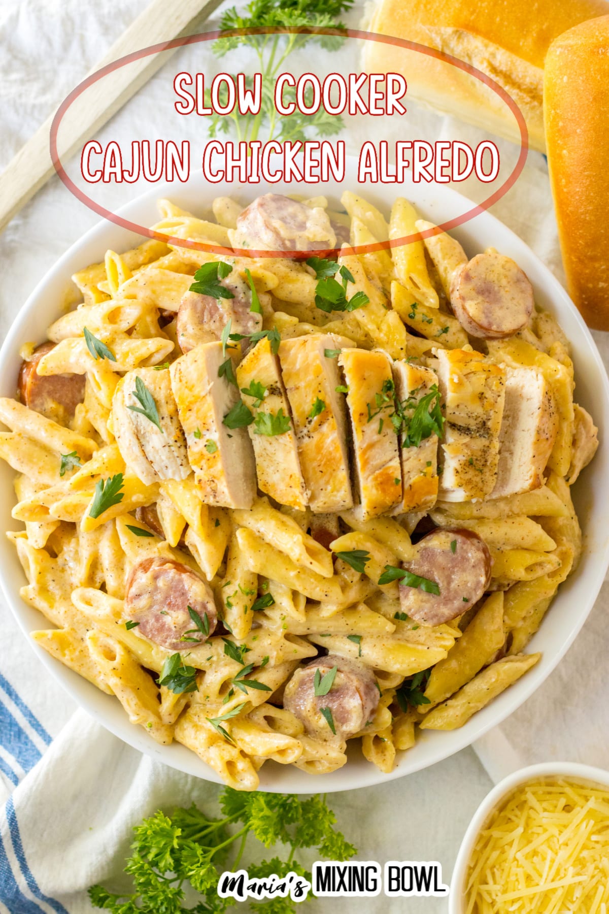 large bowl full of cajun chicken alfredo.