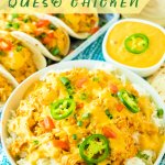 bowl of slow cooker queso chicken over rice and topped with jalapeno slices.