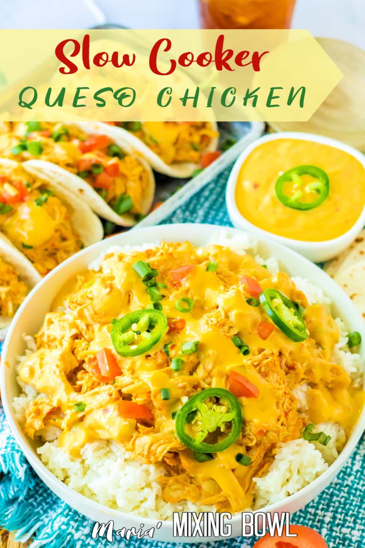 bowl of slow cooker queso chicken over rice and topped with jalapeno slices.