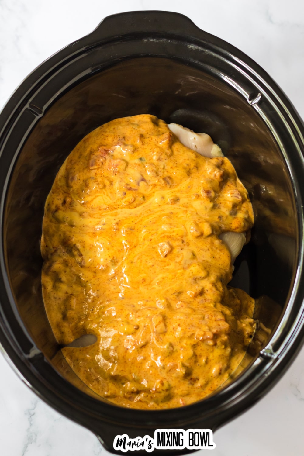 queso cheese, salsa, taco seasoning, and raw chicken in a slow cooker.