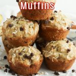 stack of banana coconut muffins on a plate.