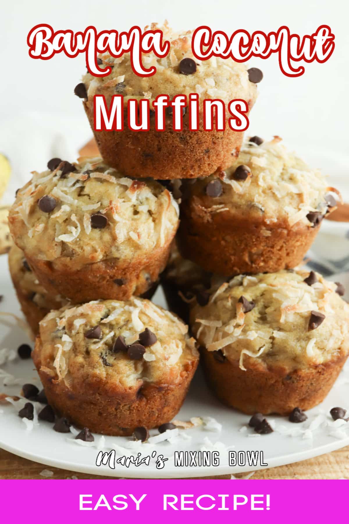 stack of banana coconut muffins on a plate.
