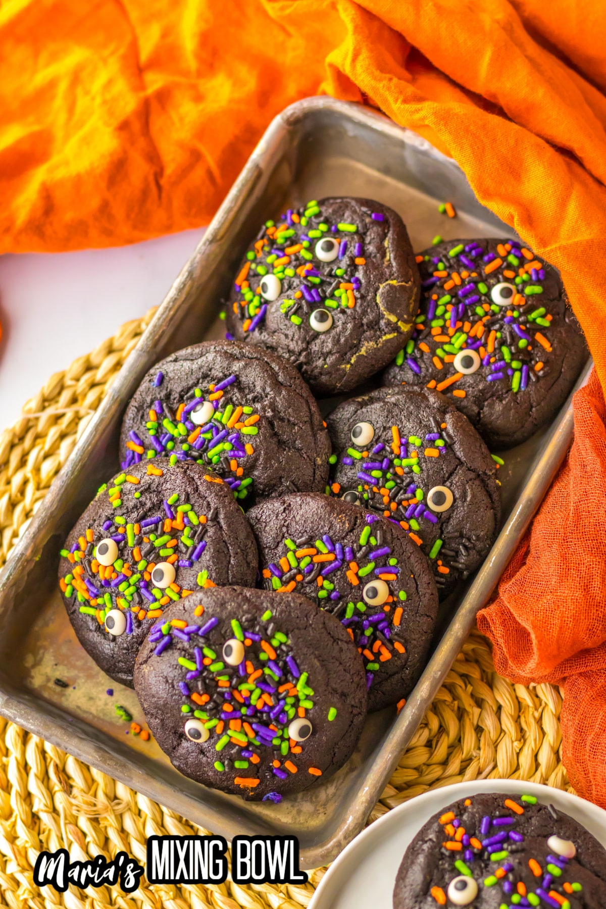 black velvet cookies laid out on a metal serving tray.
