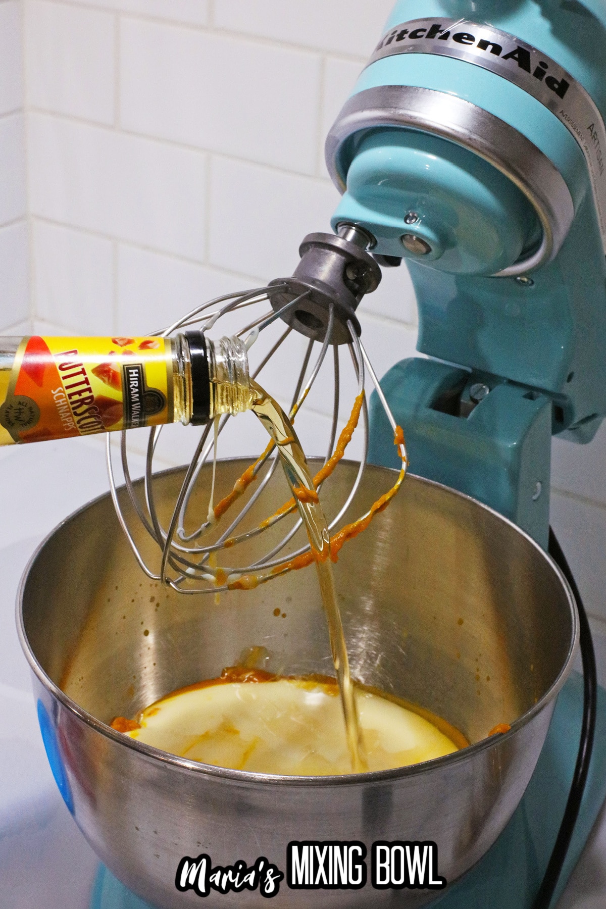 butterscotch schnapps being added to the pie mixture.