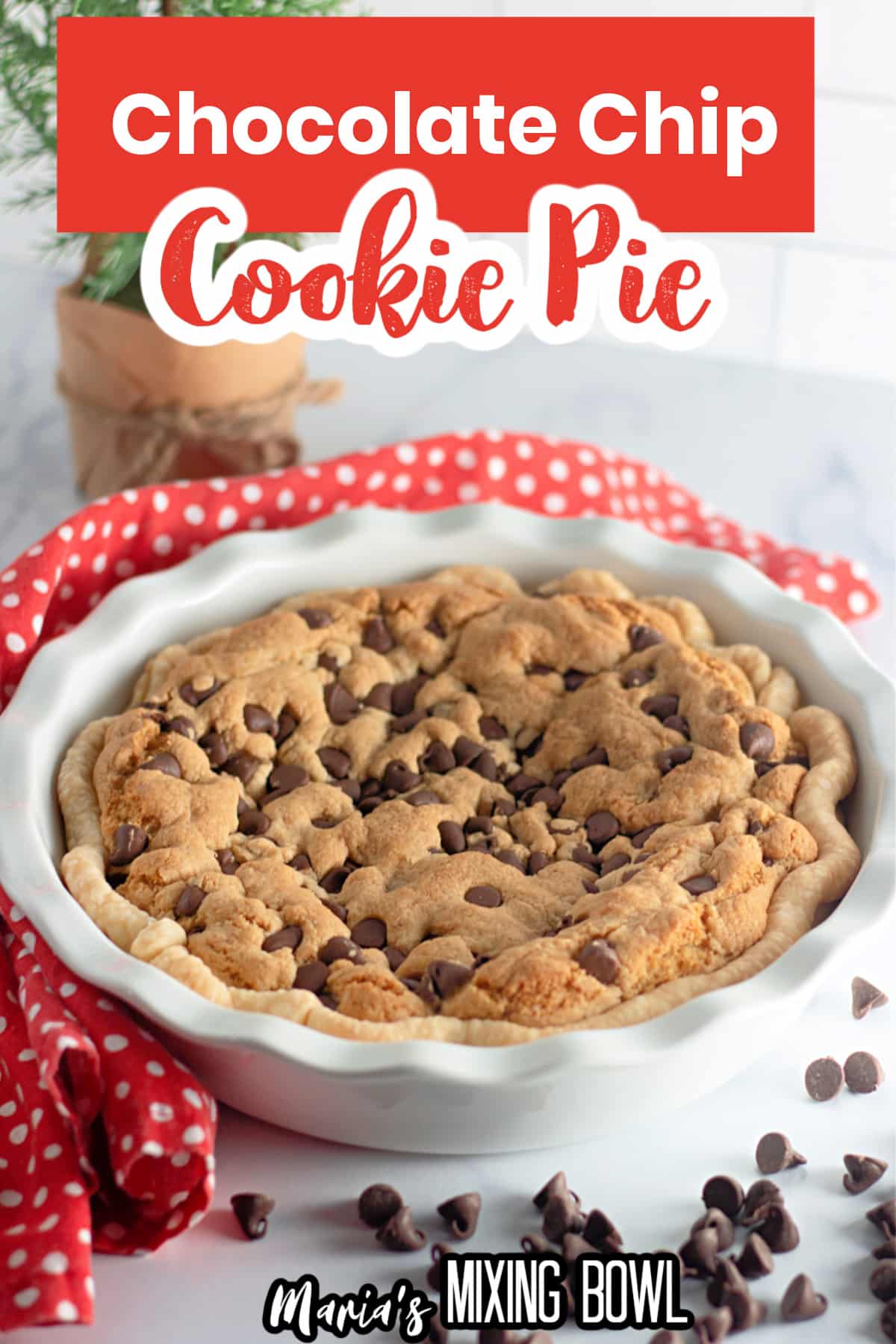 baked and uncut chocolate chip cookie pie in a pie plate.