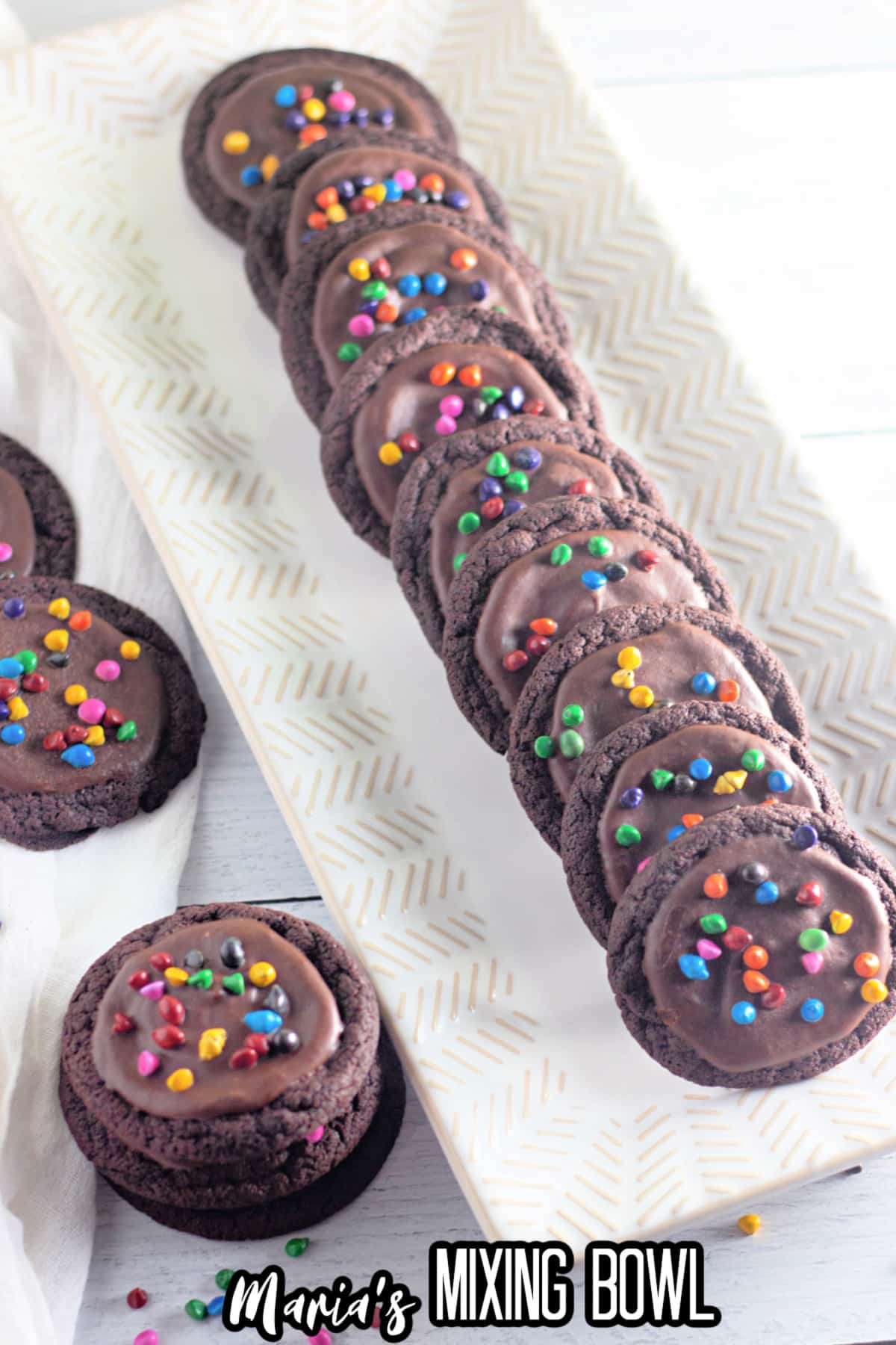 cosmic brownie cookies lined up on a platter.