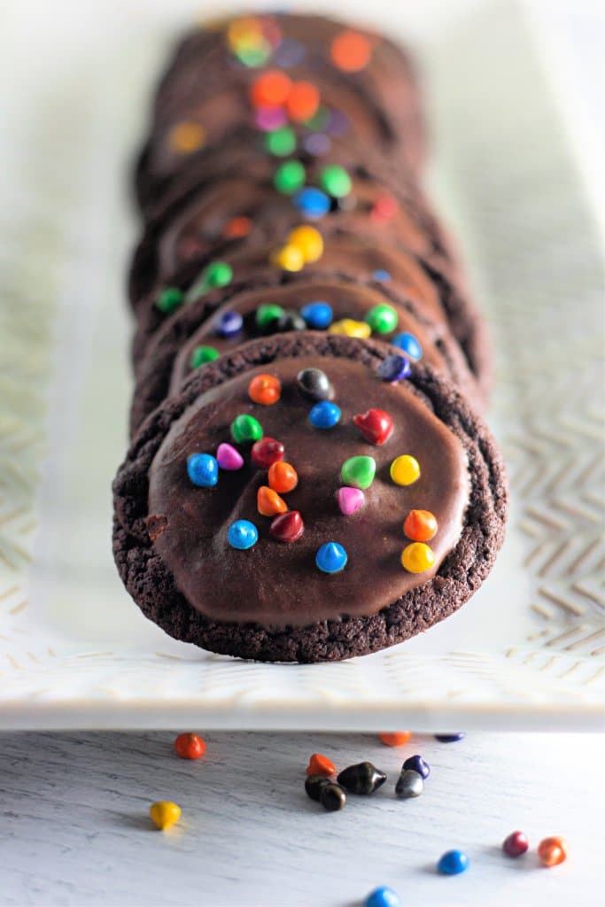 cosmic brownie cookies lined up on a platter.