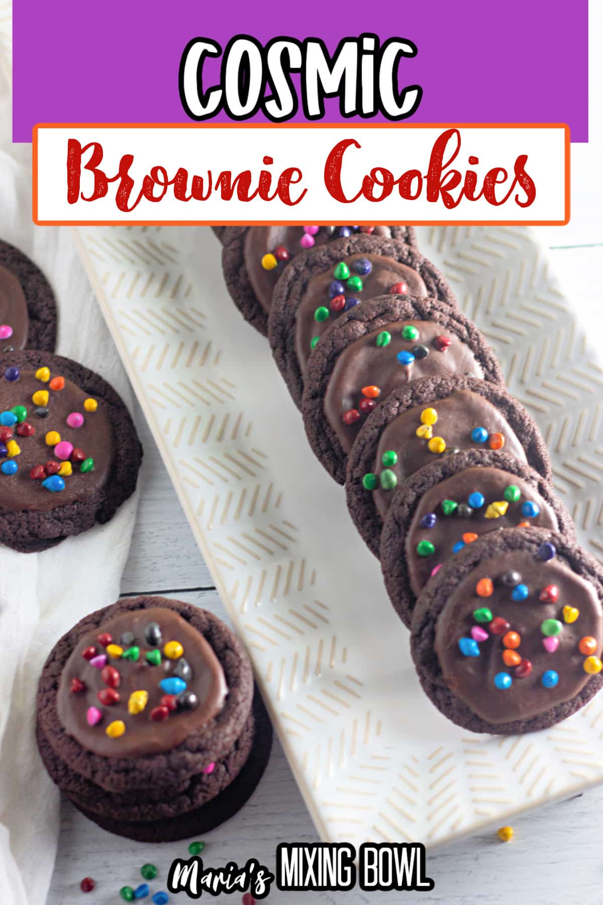 cosmic brownie cookies lined up on a platter.