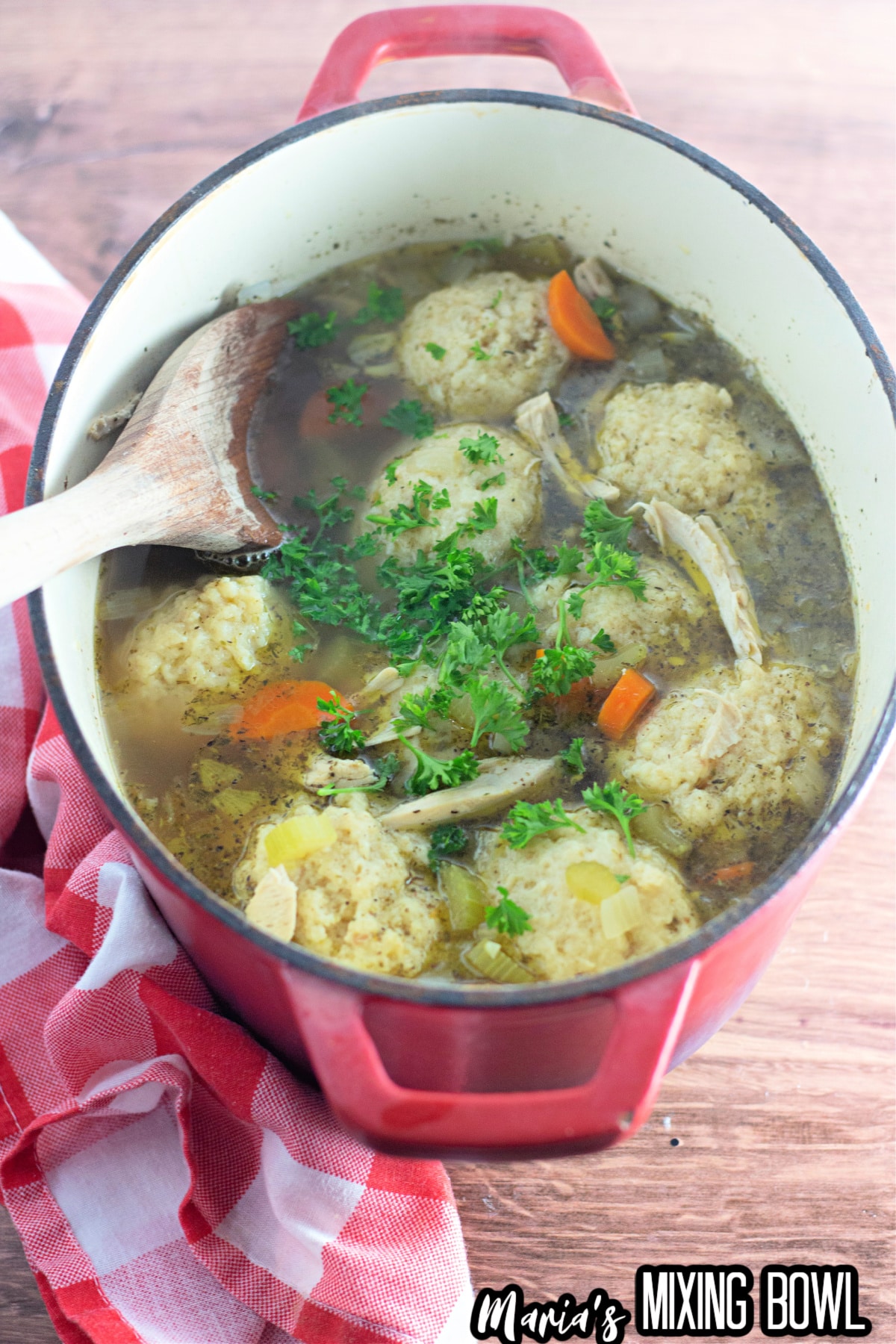 finished matzo ball soup in a large dutch oven pot.