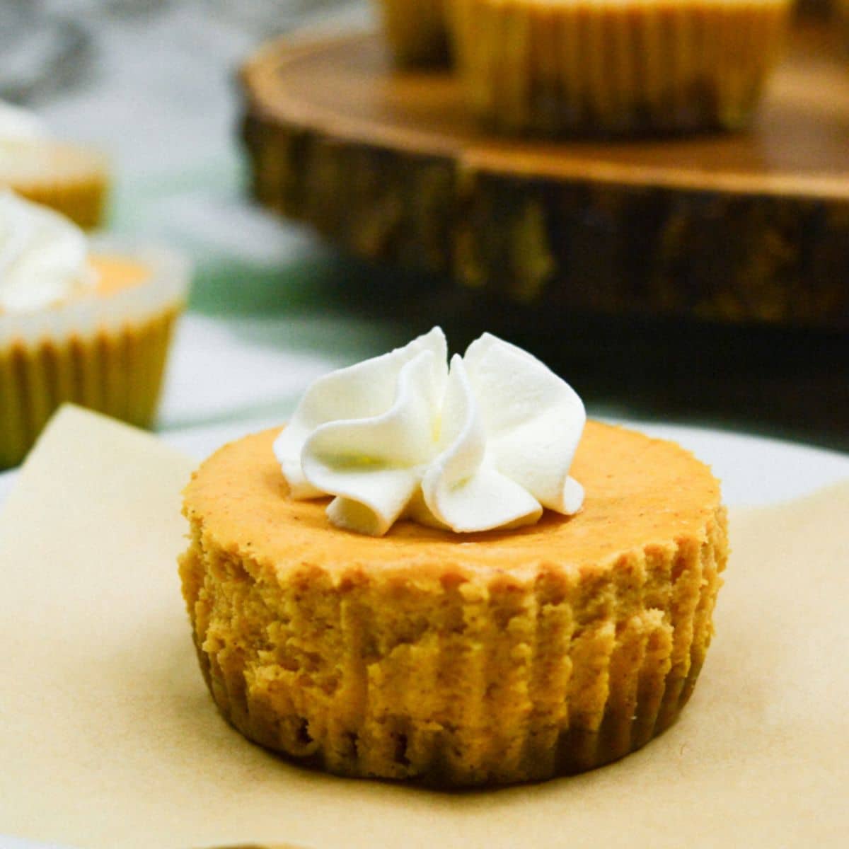mini pumpkin pie cheesecake on a plate.