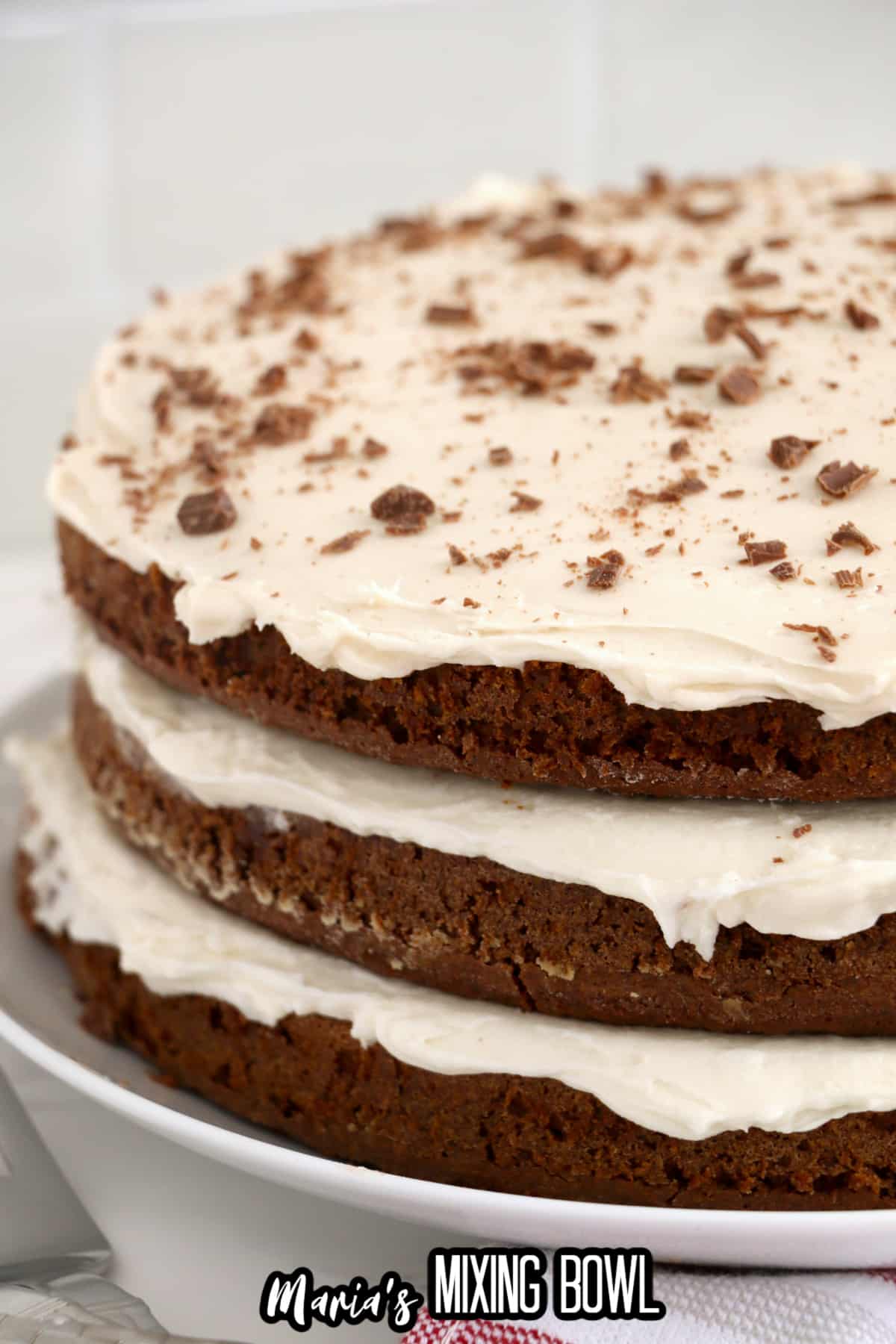 uncut naked chocolate cake on a plate.