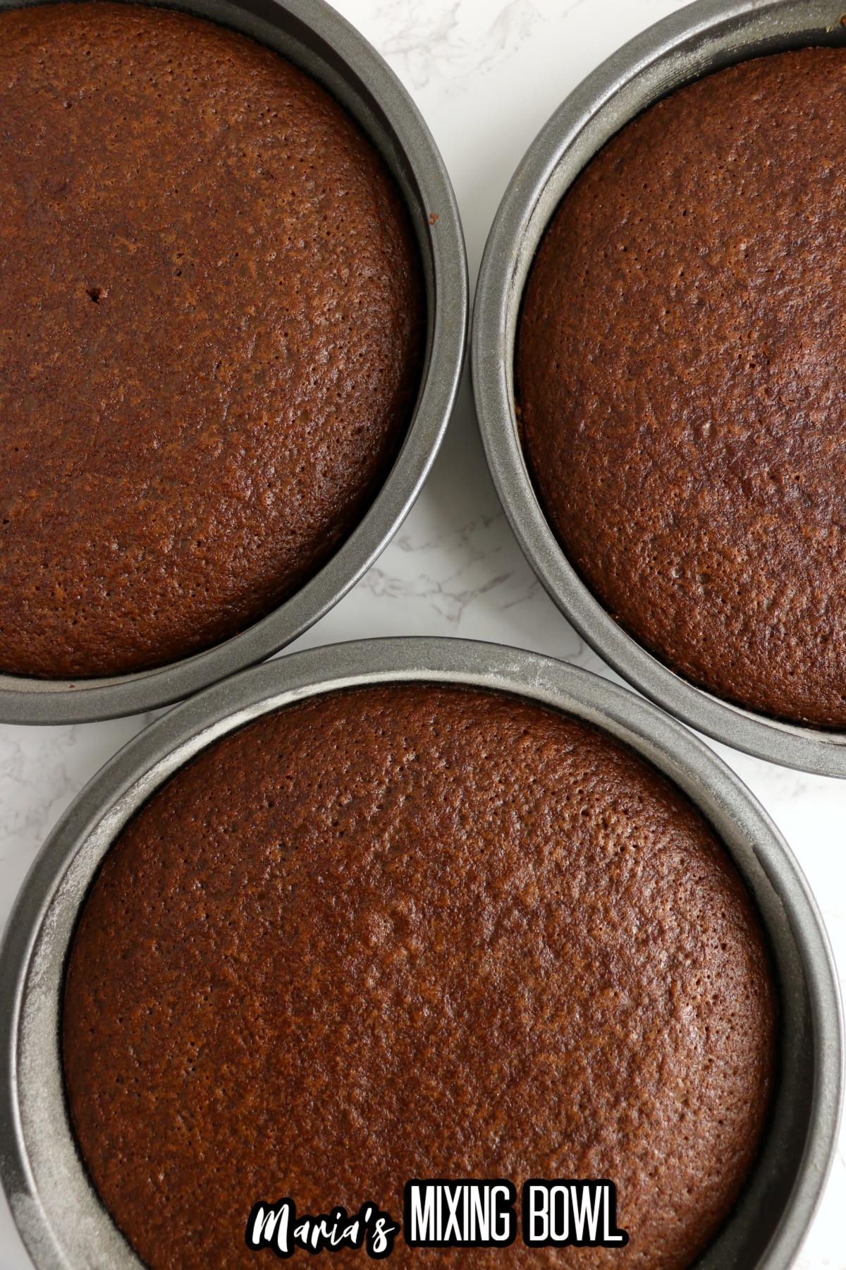 three chocolate cakes still in the cake pans.