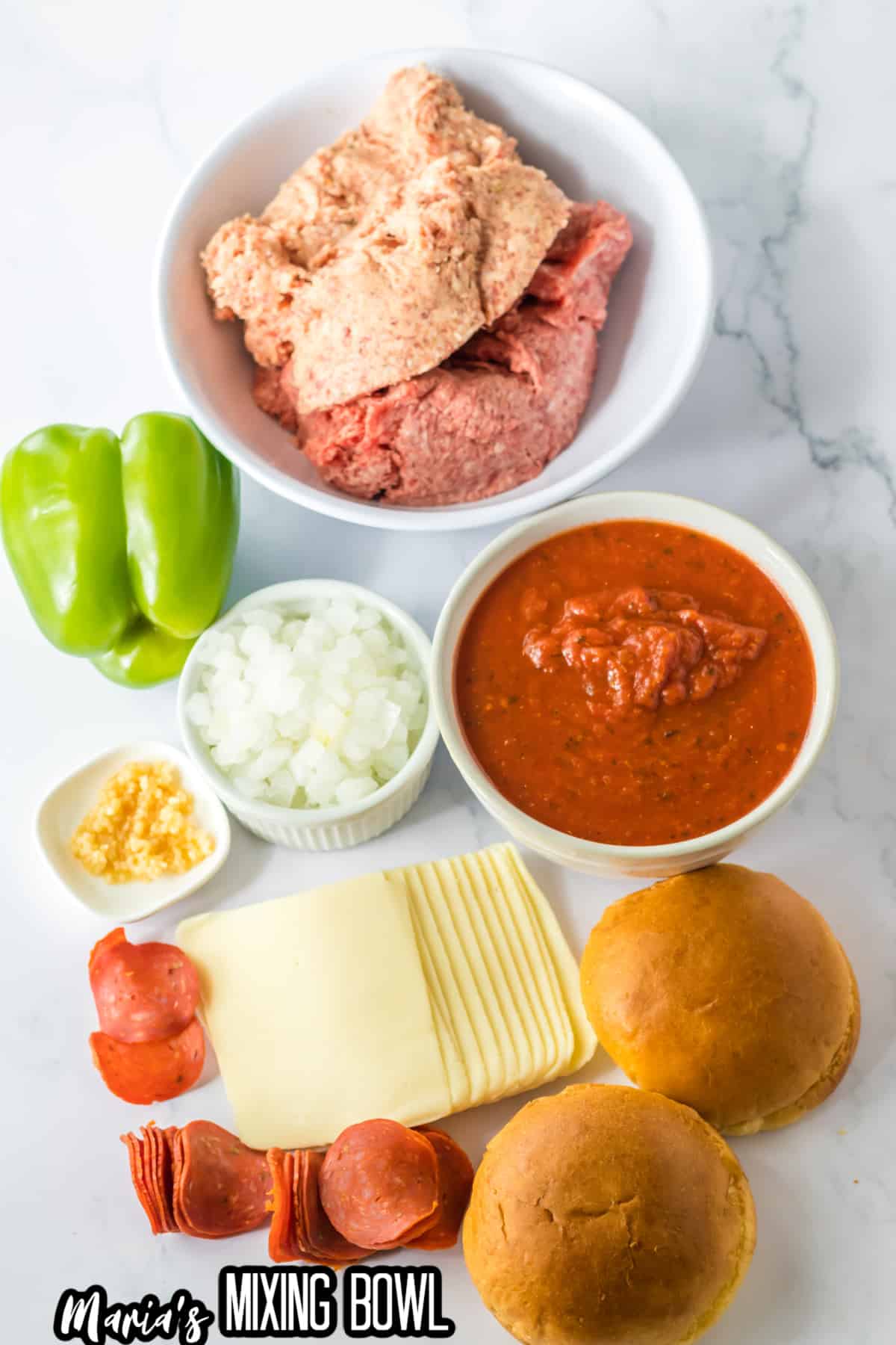 bowls of raw ground beef, raw italian sausage, onions, pizza sauce, minced garlic, sliced mozzarella cheese, pepperoni, and a bell pepper.