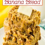 three slices of banana bread on on a plate with a pat of butter on the top.