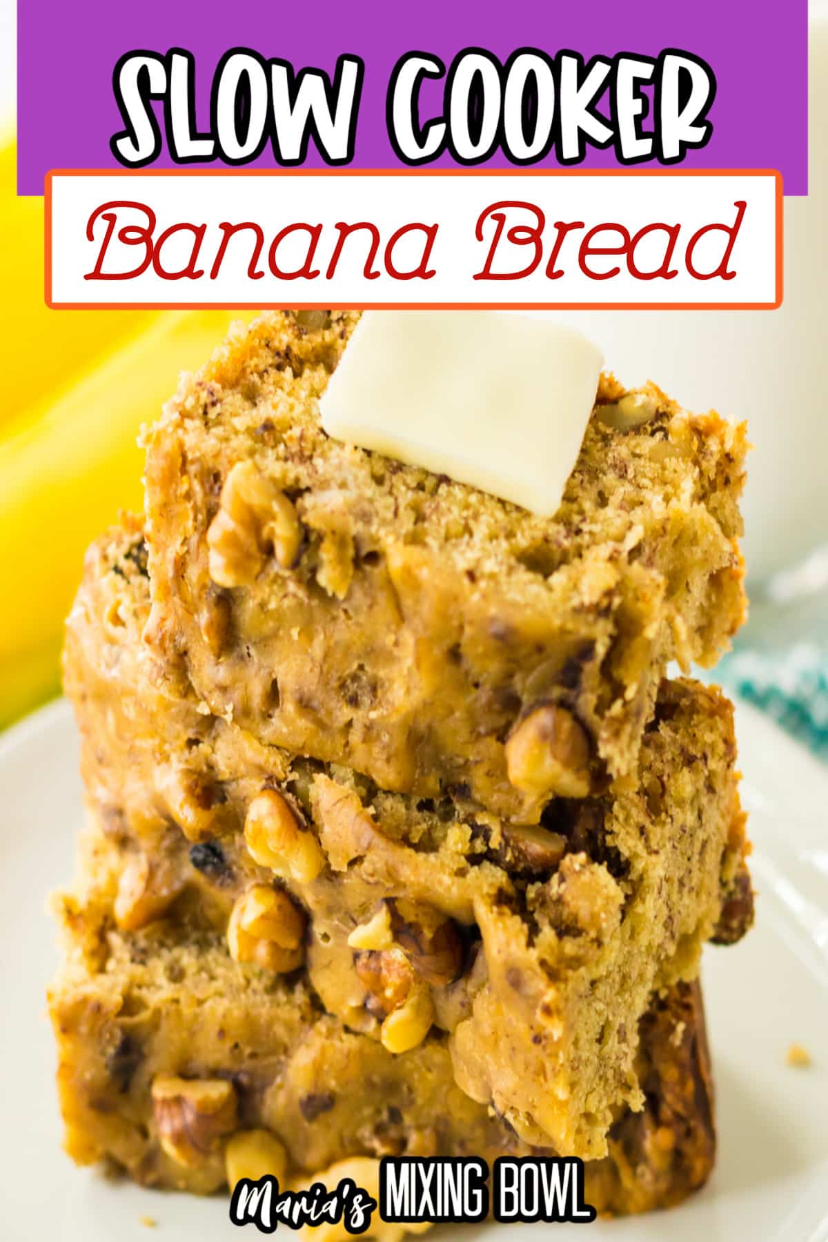 three slices of banana bread on on a plate with a pat of butter on the top.