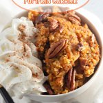 bowl full of slow cooker pumpkin cobbler topped with whipped cream.