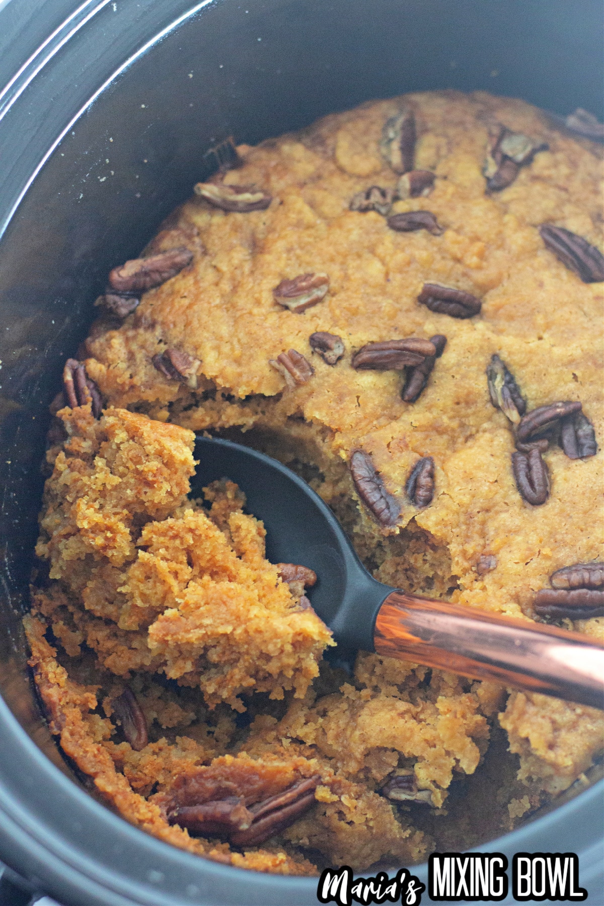 cooked pumpkin cobbler in the slow cooker.