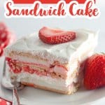 slice of strawberry ice cream cake on a plate.