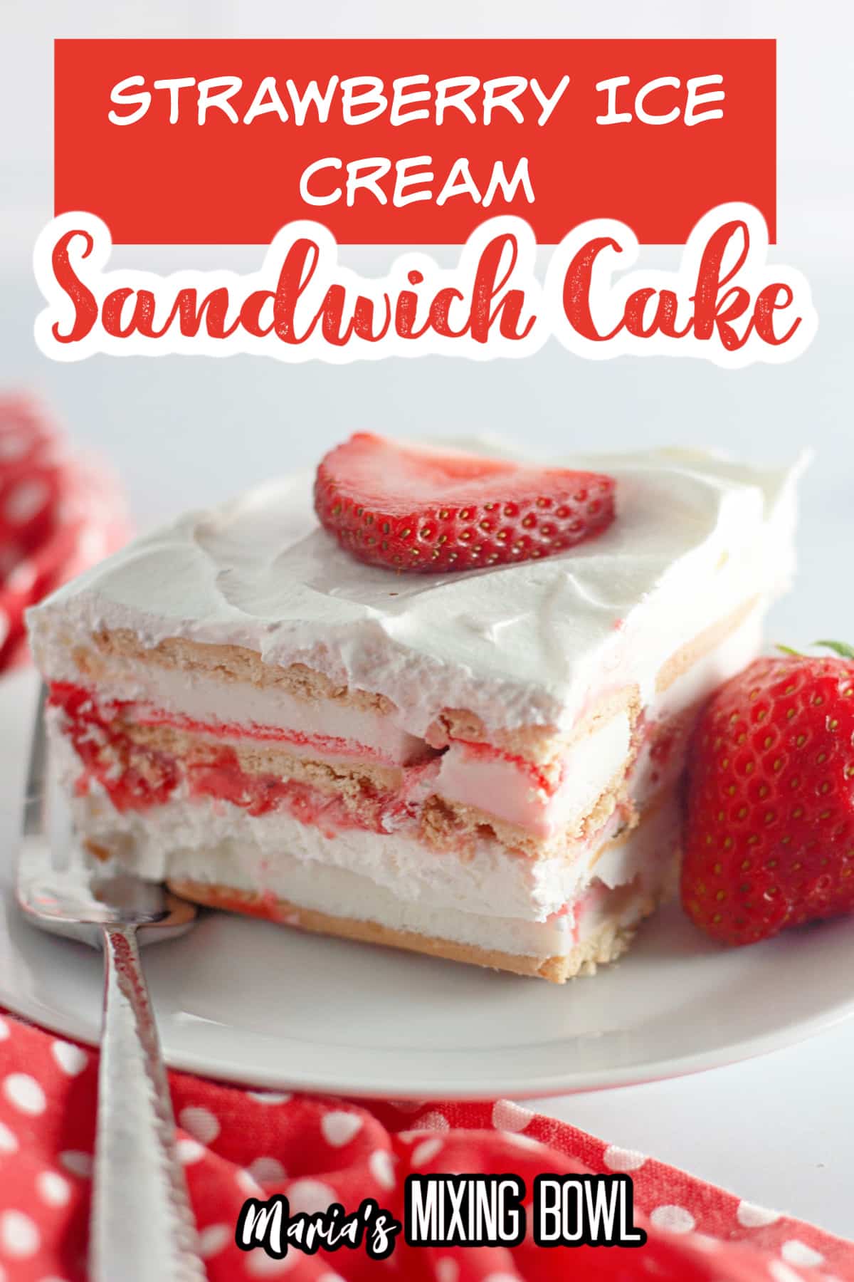 slice of strawberry ice cream cake on a plate.