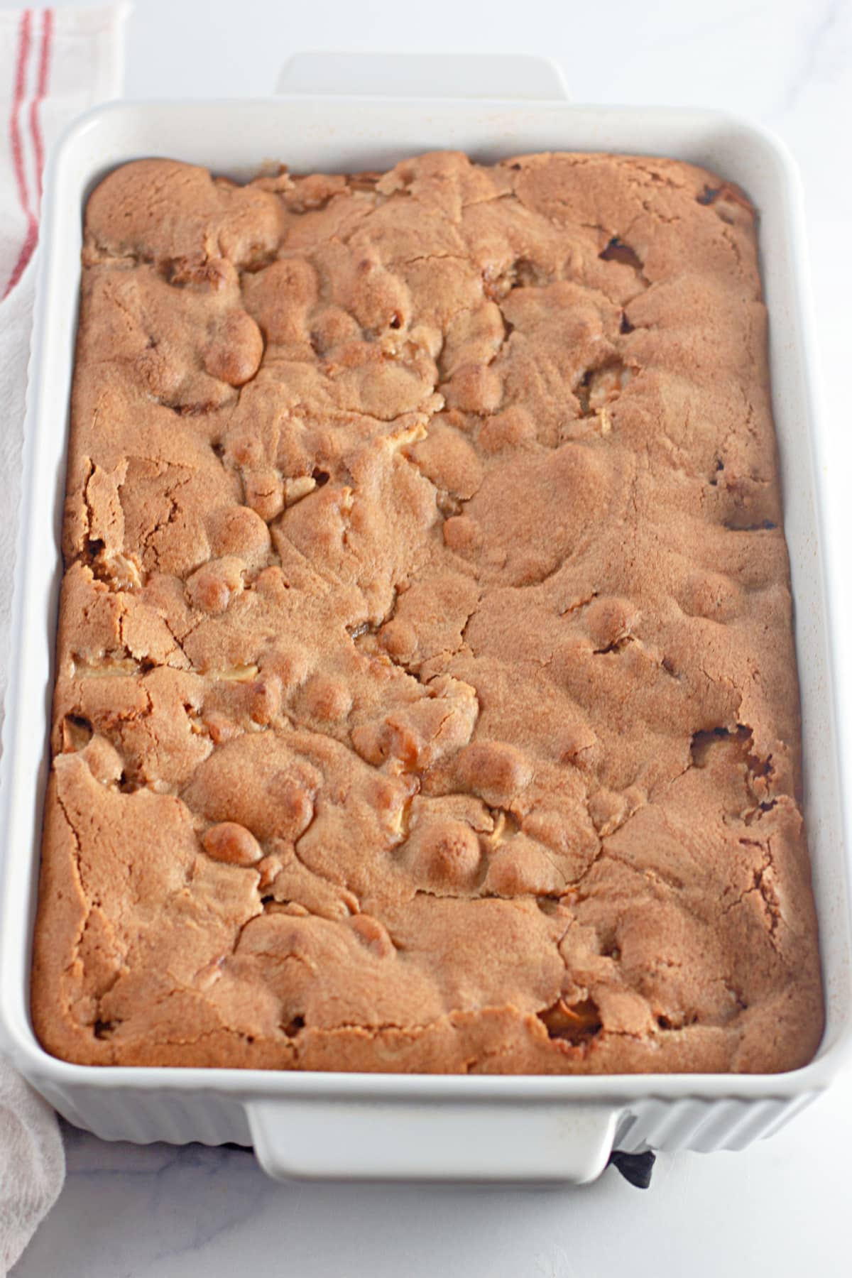 baked apple dapple cake in a baking dish.