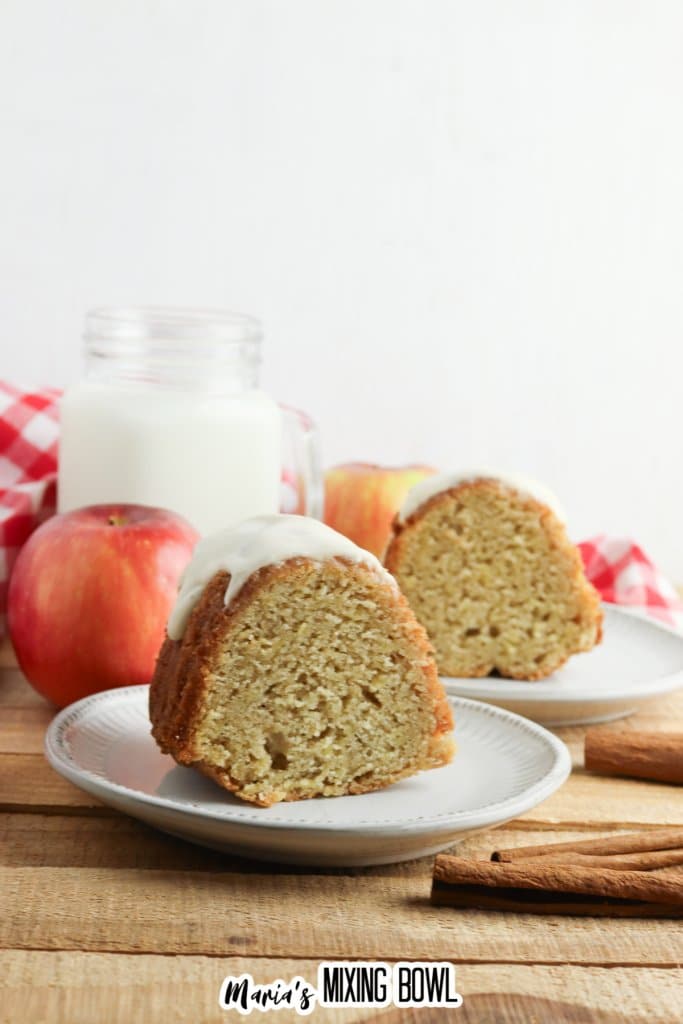 slice of apple spice bundt cake on a small plate.