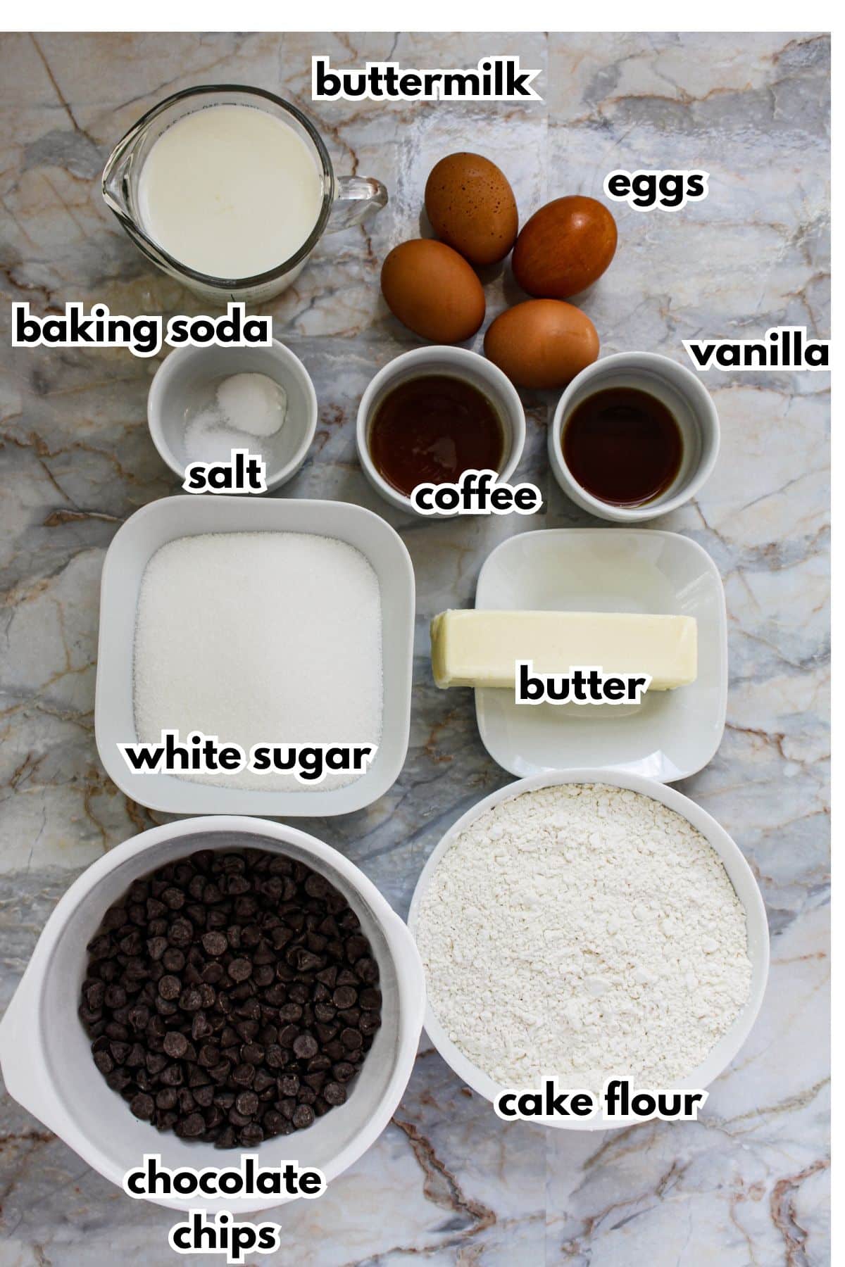 bowls of buttermilk, eggs, baking soda, salt, coffee, vanilla, white sugar, butter, chocolate chips, cake flour.