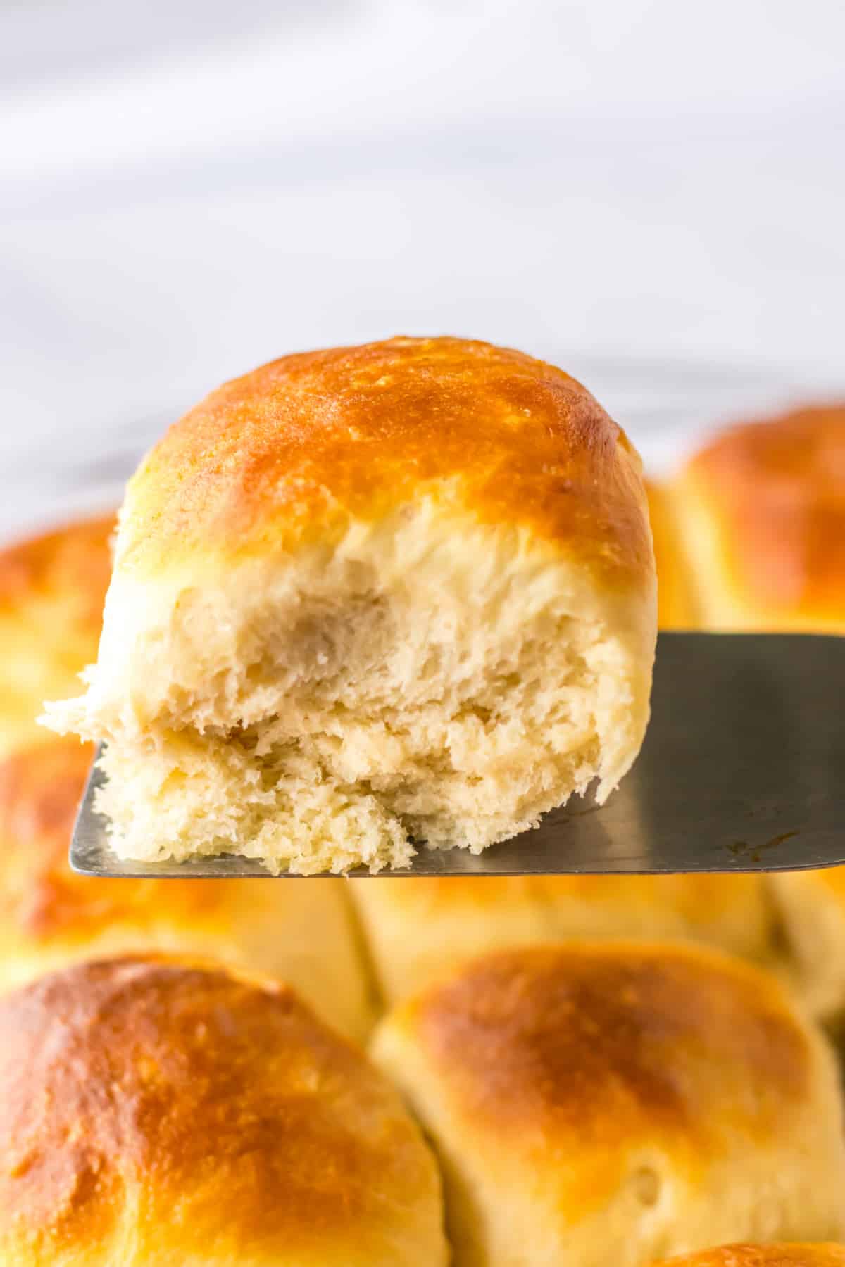 cafeteria roll held in the air on a metal spatula.