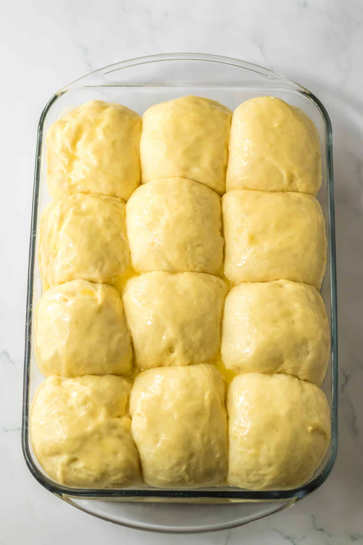 raw rolls rising in a glass casserole dish.