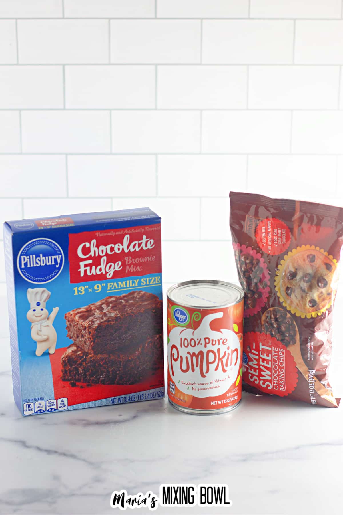 box of brownie mix, canned pumpkin puree, bag of semi-sweet chocolate chips.