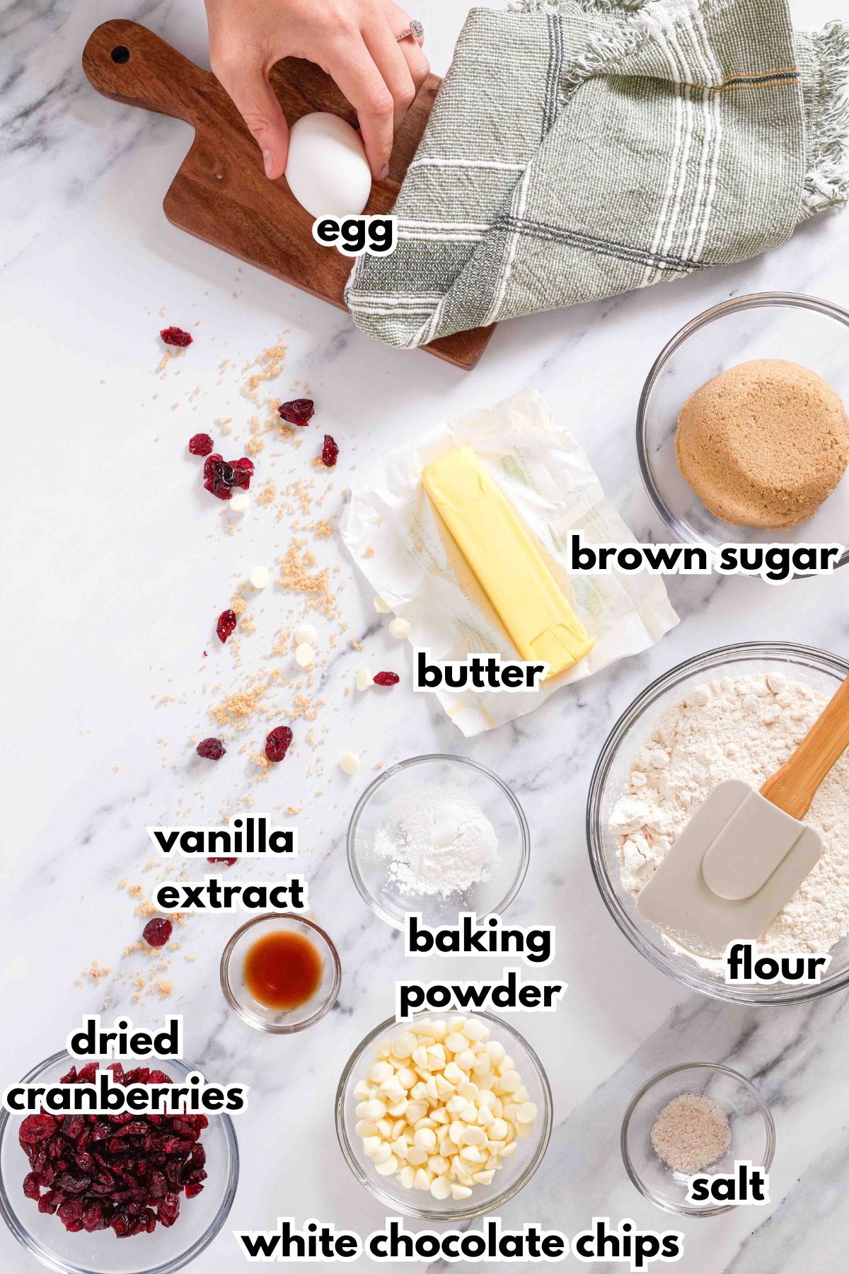 bowls of egg, butter, brown sugar, vanilla extract, baking powder, dried cranberries, flour, and salt on a counter.