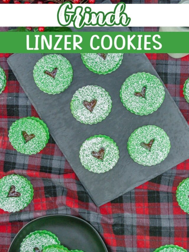 six grinch linzer cookies or a marble cutting board.