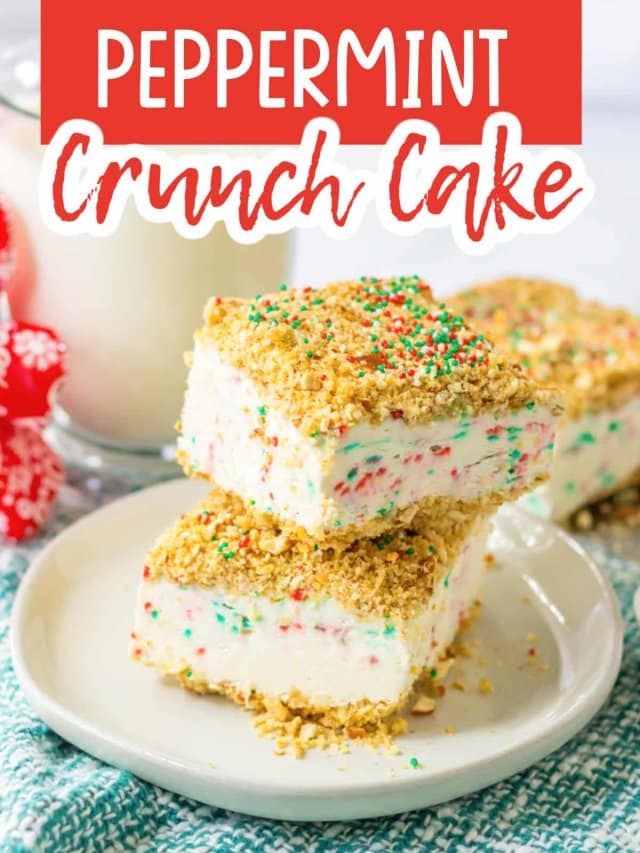 two slices of peppermint crunch cake on a plate.